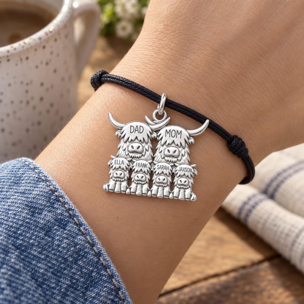 Highland Cow Family Charm Bracelet – Personalized Mom Gift – worn on the wrist on a black cord bracelet