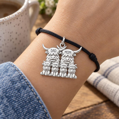 Highland Cow Family Charm Bracelet – Personalized Mom Gift – worn on the wrist on a black cord bracelet