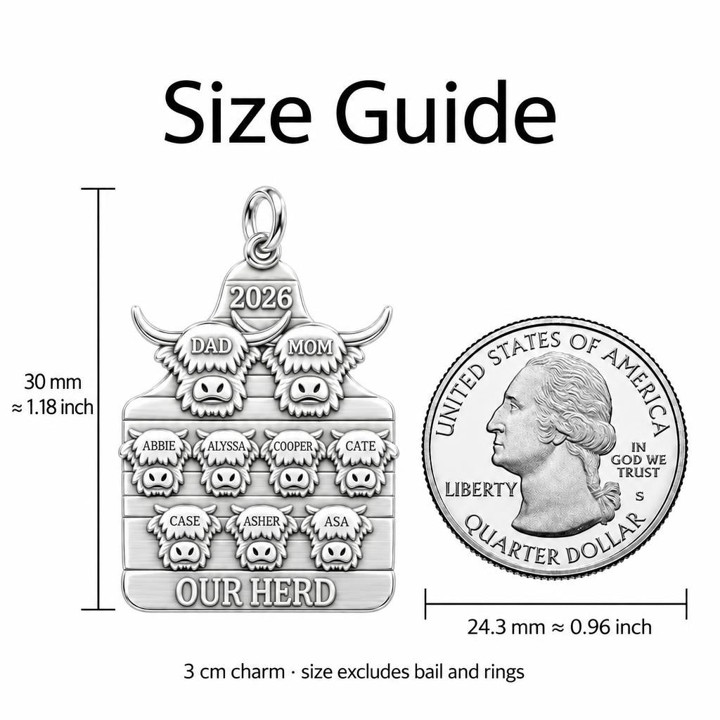Highland Cow Family Herd Charm Bracelet – Personalized Mom Gift – size guide, 3 cm charm next to a quarter