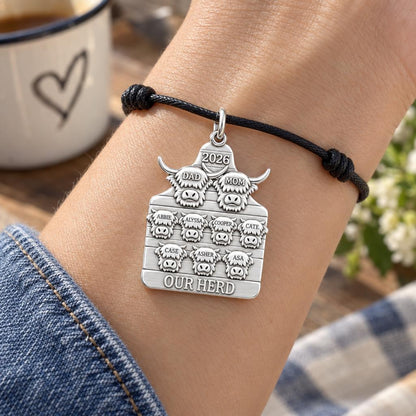 Highland Cow Family Herd Charm Bracelet – Personalized Mom Gift – worn on the wrist on a black cord bracelet