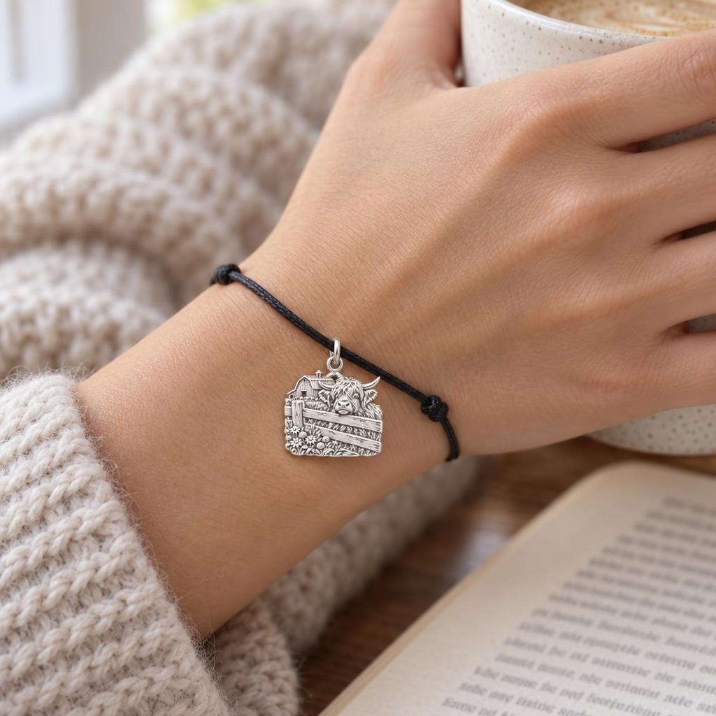 Highland Cow Farmstead Charm and Polyester Cord Bracelet Set