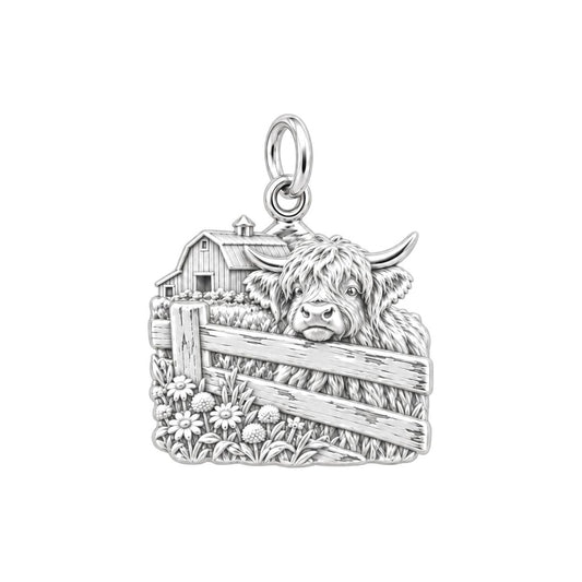 Highland Cow Farmstead Charm Bracelet – Personalized Mom Gift – silver charm, front view