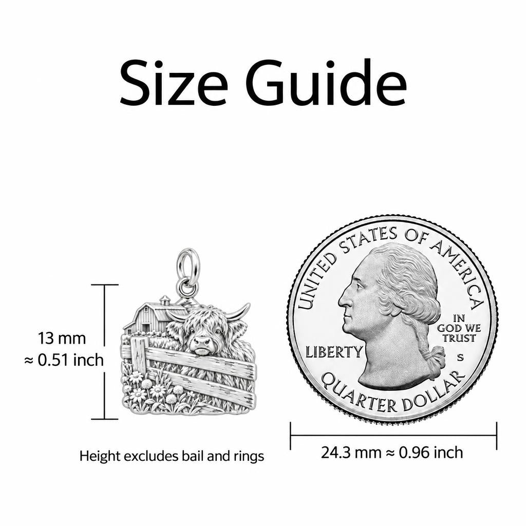 Highland Cow Farmstead Charm Bracelet Set – size guide, 13 mm charm next to a quarter