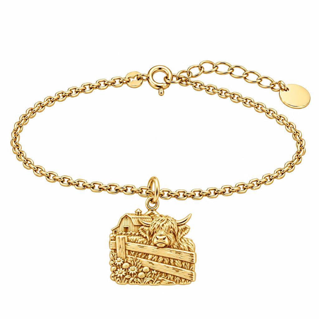 Highland Cow Farmstead Charm Bracelet Set – 18K gold, front view