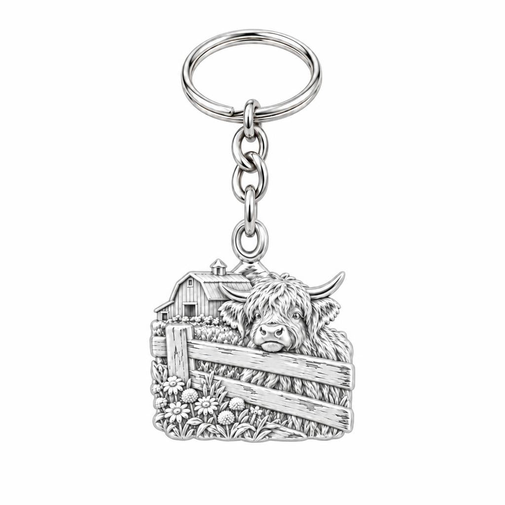 Highland Cow Farmstead Charm Keychain – silver, front view