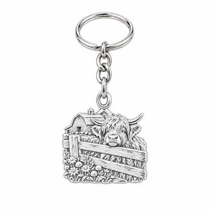 Highland Cow Farmstead Charm Keychain – silver, front view