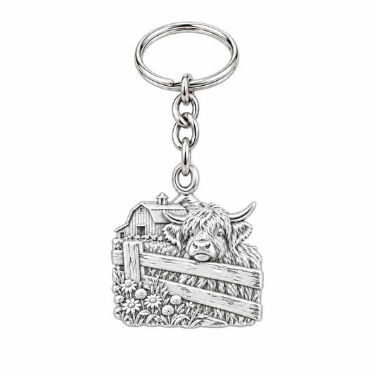 Highland Cow Farmstead Charm Keychain – silver, front view