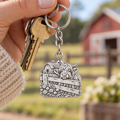 Highland Cow Farmstead Charm Keychain – worn / in use