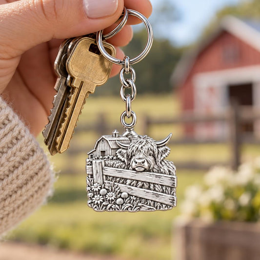 Highland Cow Farmstead Charm Keychain – worn / in use