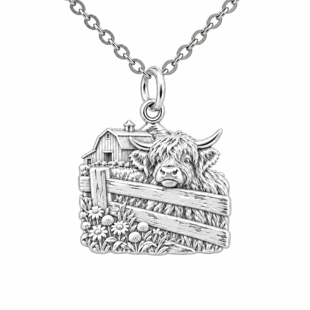 Highland Cow Farmstead Charm Necklace Set – silver, front view