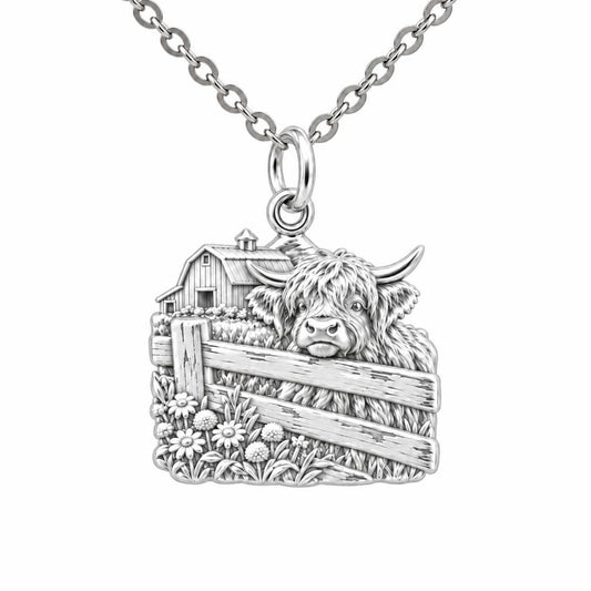 Highland Cow Farmstead Charm Necklace Set – silver, front view