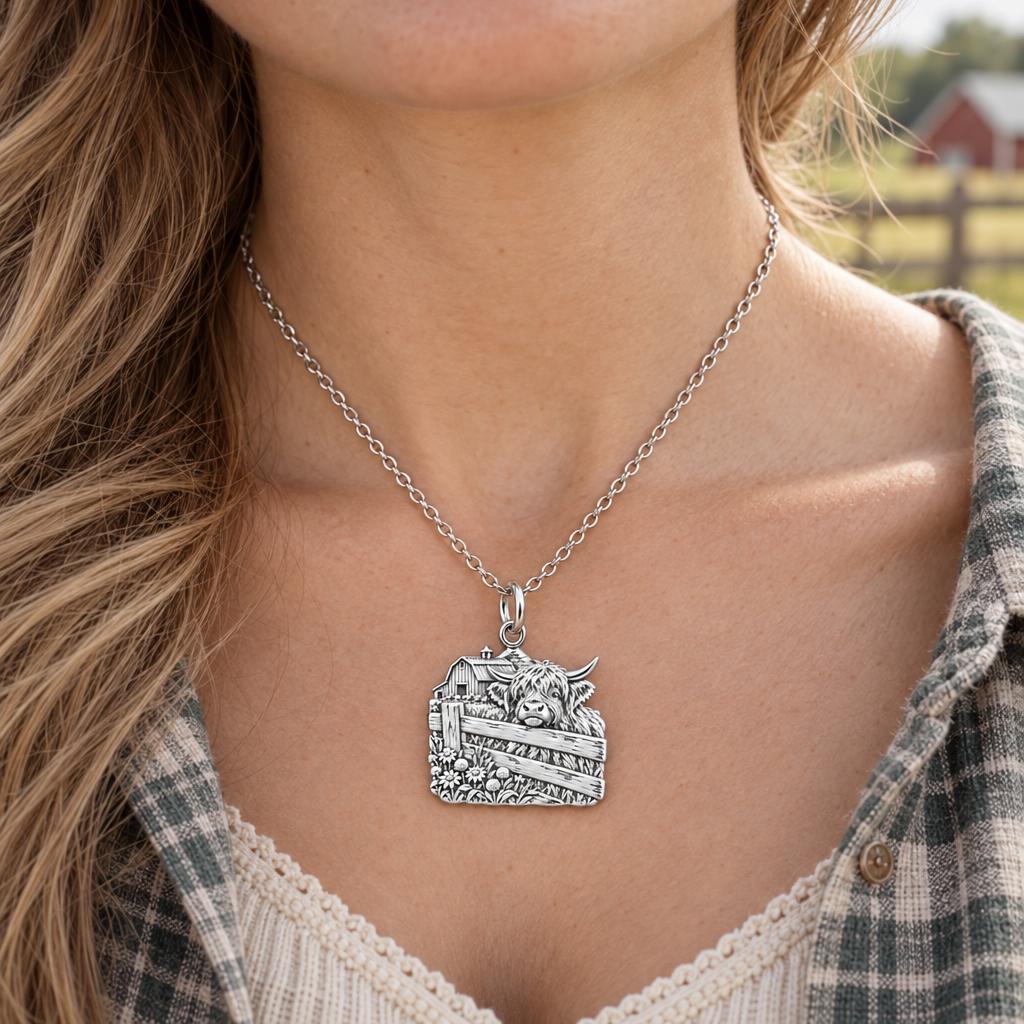 Highland Cow Farmstead Charm Necklace Set – worn / in use