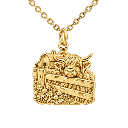 Highland Cow Farmstead Charm Necklace Set – 18K gold, front view