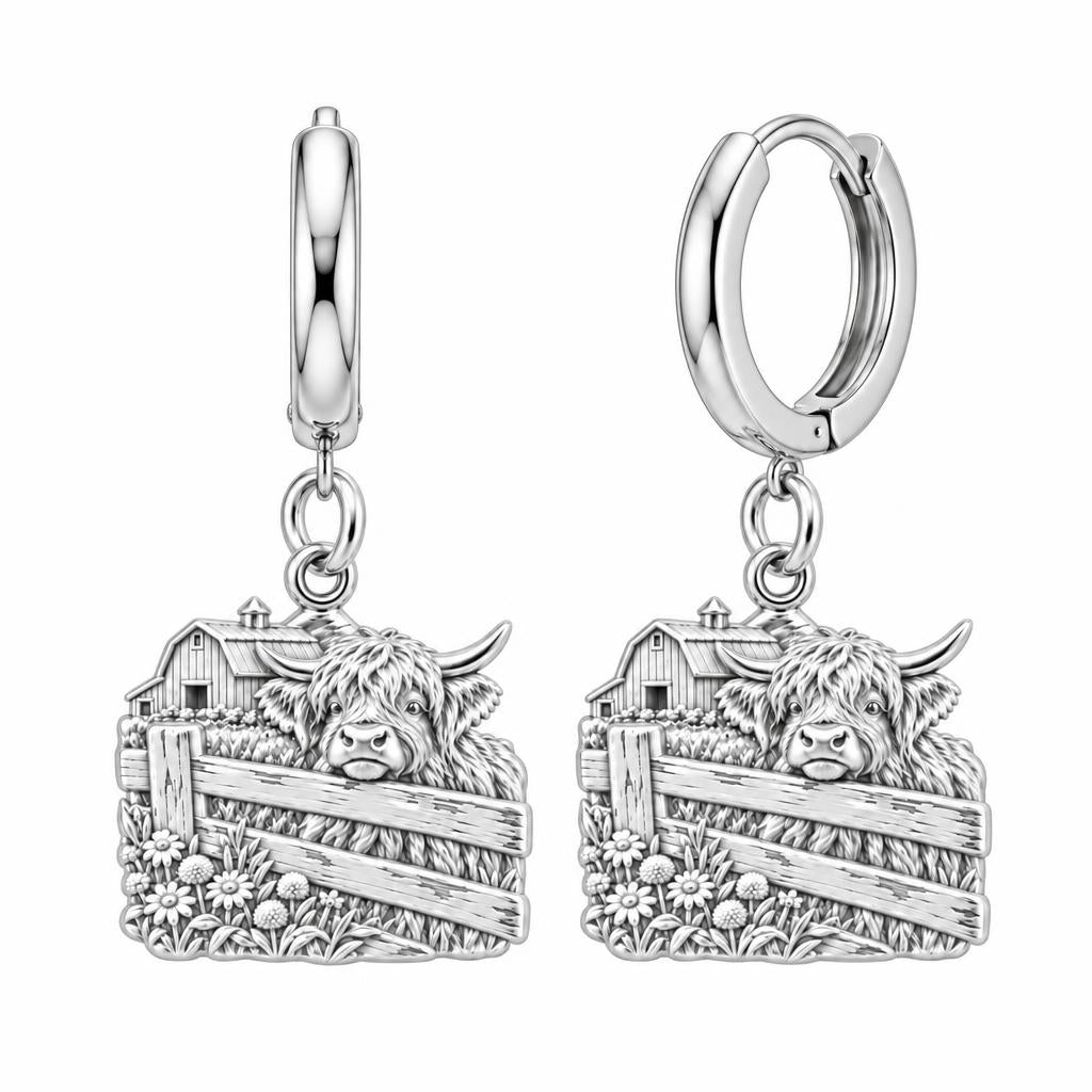 Highland Cow Farmstead Huggie Charm Earrings – silver, front view