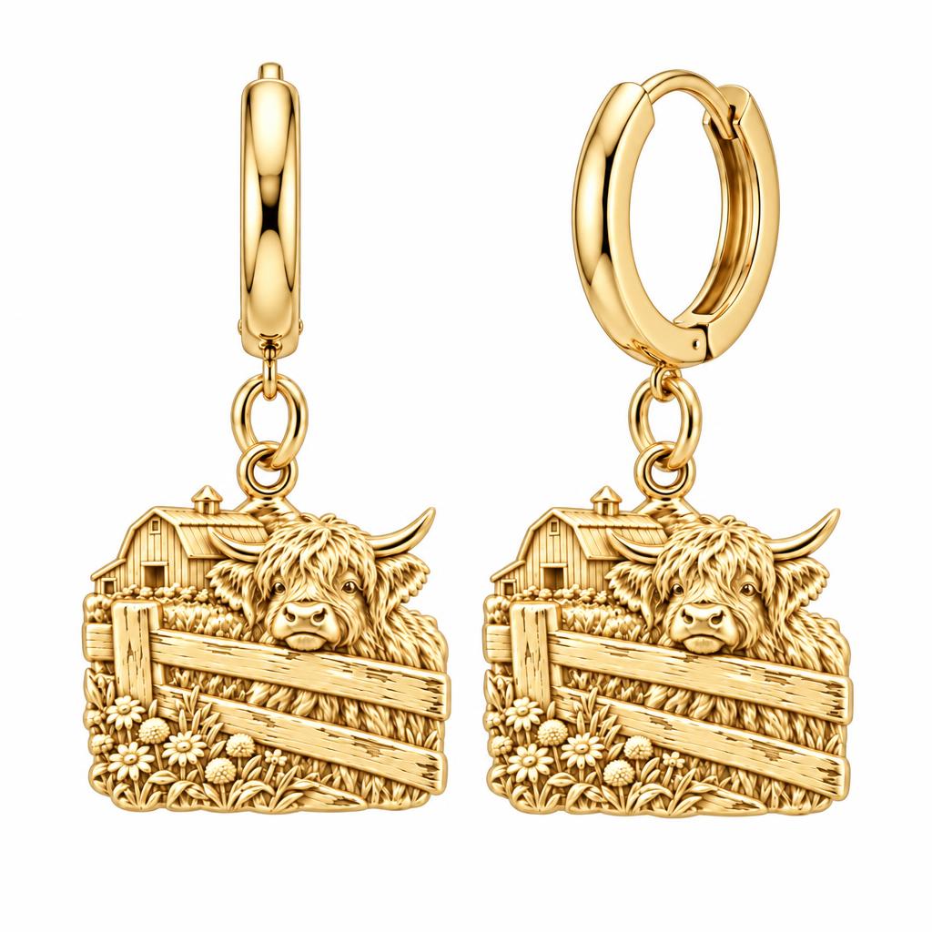 Highland Cow Farmstead Huggie Charm Earrings – 18K gold, front view