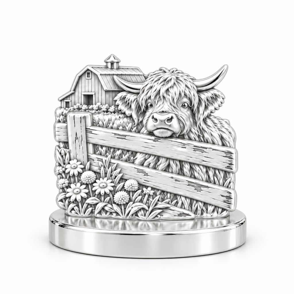 Highland Cow Farmstead Keepsake Plaque – silver, front view
