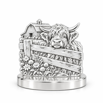 Highland Cow Farmstead Keepsake Plaque – silver, front view