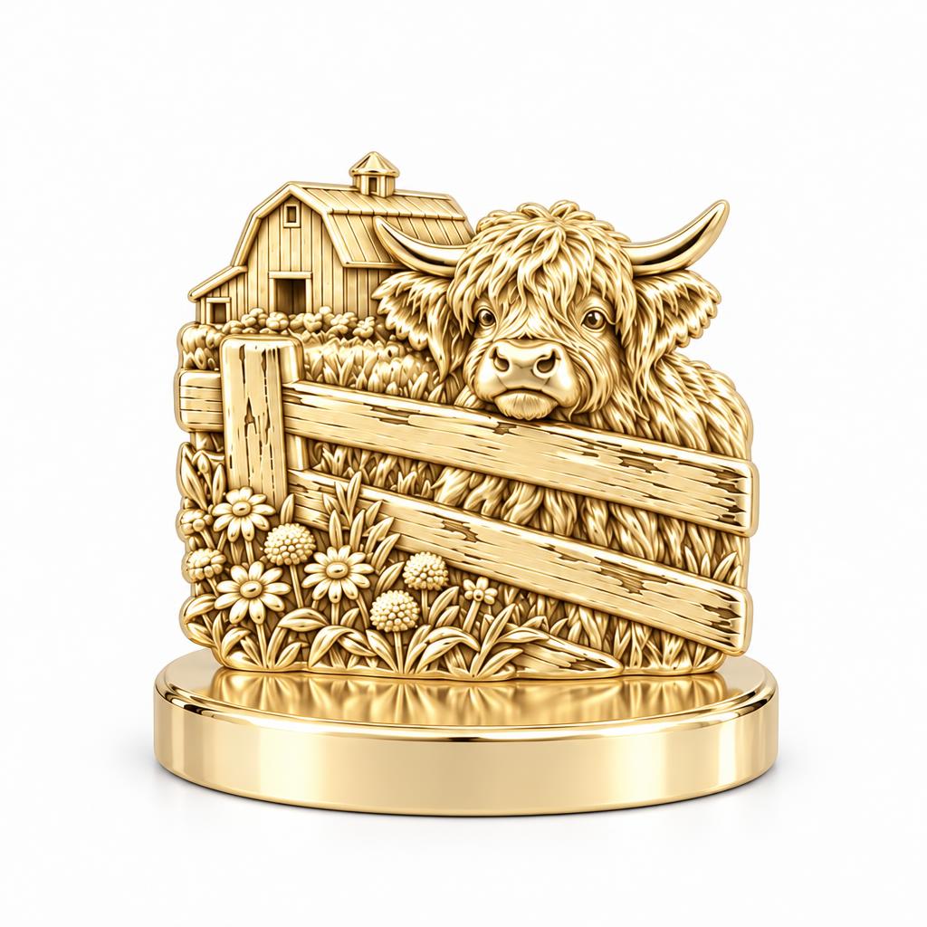 Highland Cow Farmstead Keepsake Plaque – 18K gold, front view