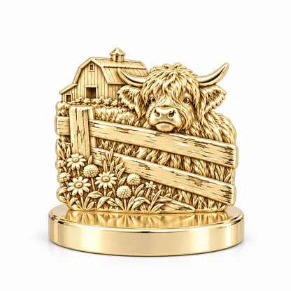 Highland Cow Farmstead Keepsake Plaque – 18K gold, front view