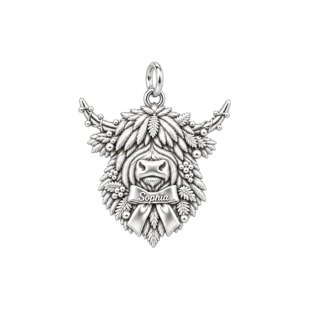 Highland Cow Festive Bow Charm Bracelet – Personalized Mom Gift – silver charm, front view