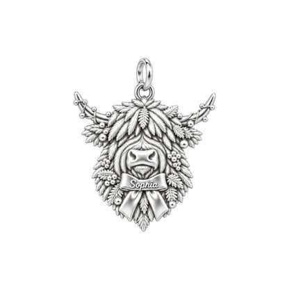 Highland Cow Festive Bow Charm Bracelet – Personalized Mom Gift – silver charm, front view