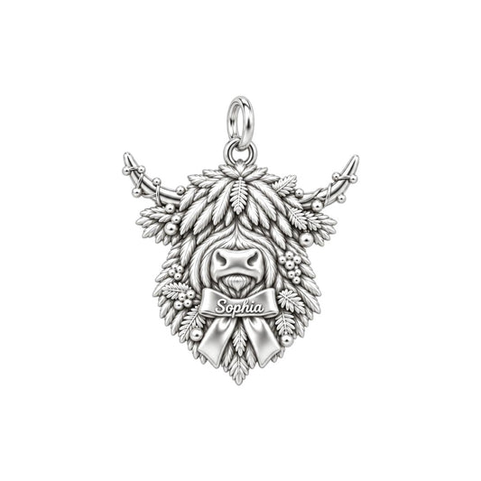 Highland Cow Festive Bow Charm Bracelet – Personalized Mom Gift – silver charm, front view