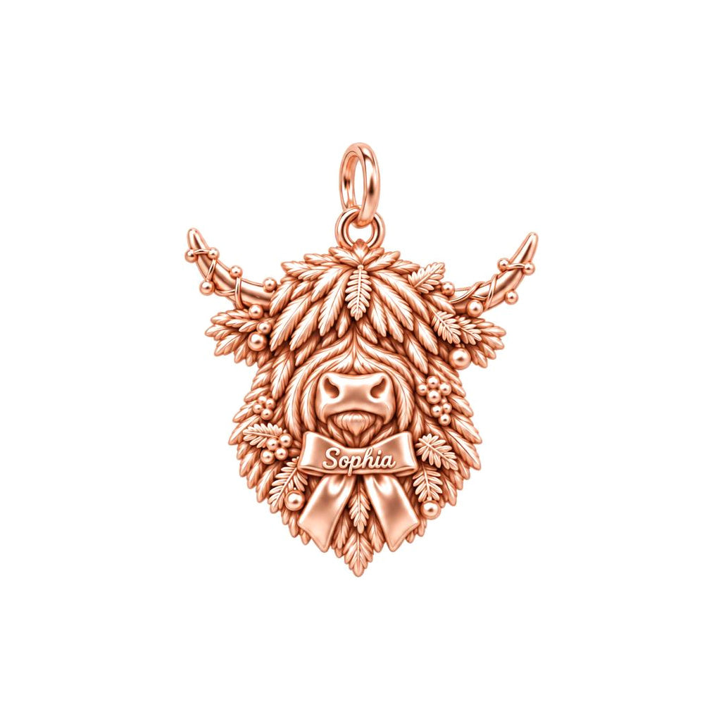 Highland Cow Festive Bow Charm Bracelet – Personalized Mom Gift – rose gold charm, front view