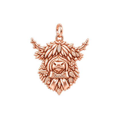 Highland Cow Festive Bow Charm Bracelet – Personalized Mom Gift – rose gold charm, front view