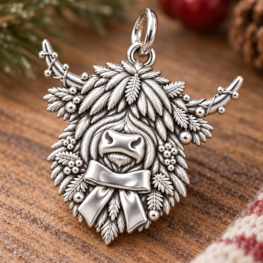 Highland Cow Festive Bow Charm Bracelet – Personalized Mom Gift – macro detail of the charm