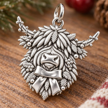 Highland Cow Festive Bow Charm Bracelet – Personalized Mom Gift – macro detail of the charm