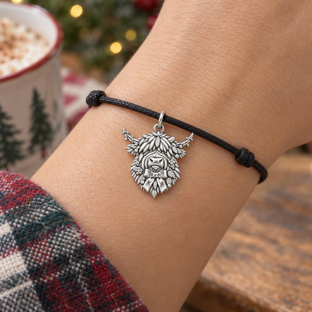 Highland Cow Festive Bow Charm Bracelet – Personalized Mom Gift – worn on the wrist on a black cord bracelet