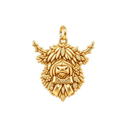 Highland Cow Festive Bow Charm Bracelet – Personalized Mom Gift – 18K gold charm, front view