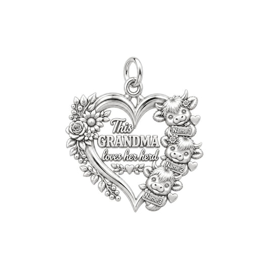 Highland Cow Herd Charm Bracelet – Personalized Grandma Gift – silver plated 2 cm charm, front view