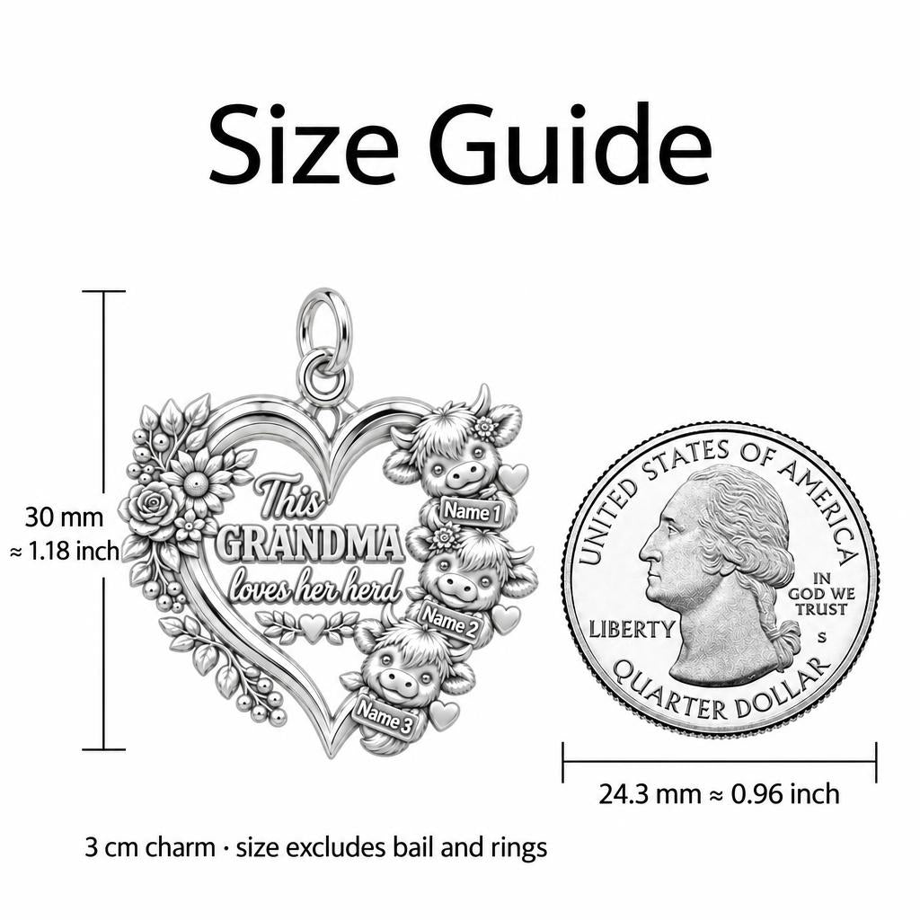 Highland Cow Herd Charm Bracelet – Personalized Grandma Gift – size guide, 3 cm charm next to a quarter