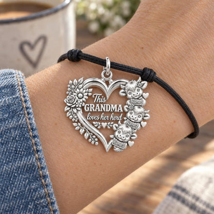 Highland Cow Herd Charm Bracelet – Personalized Grandma Gift – worn on the wrist on a black cord bracelet
