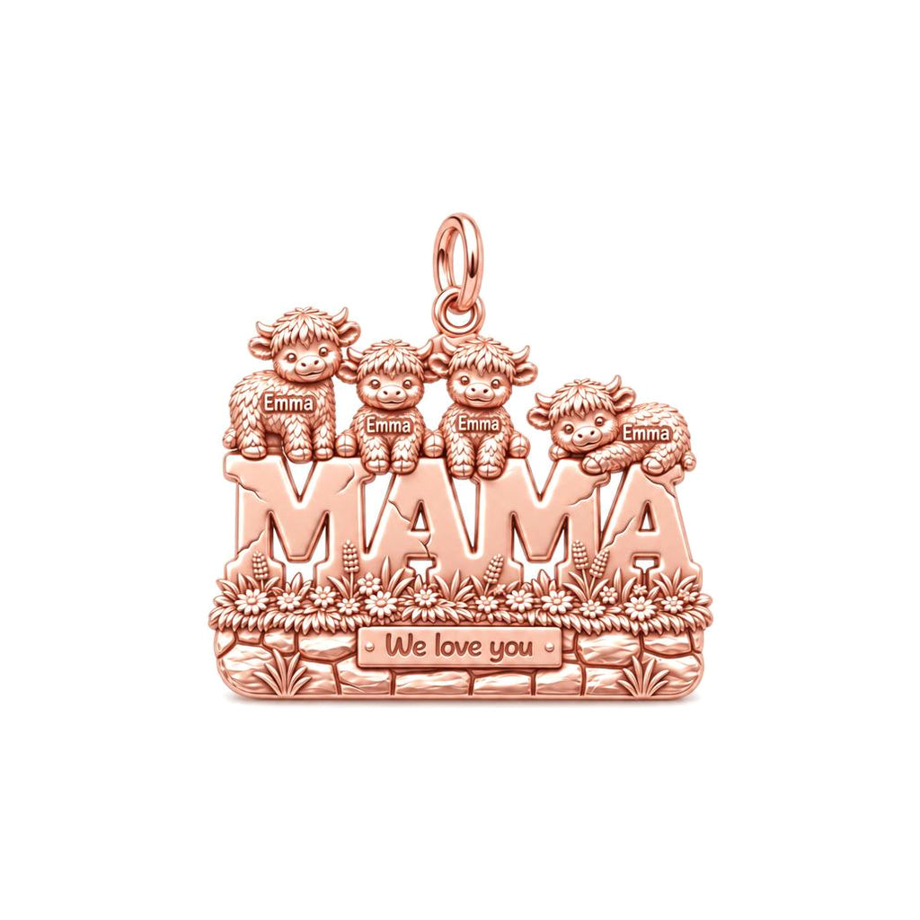 Highland Cow Mama Charm Bracelet – Personalized Mom Gift – rose gold charm, front view
