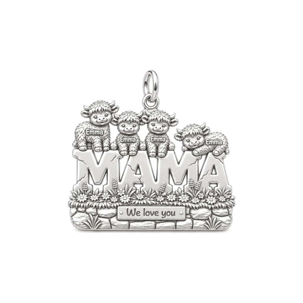 Highland Cow Mama Charm Bracelet – Personalized Mom Gift – silver charm, front view