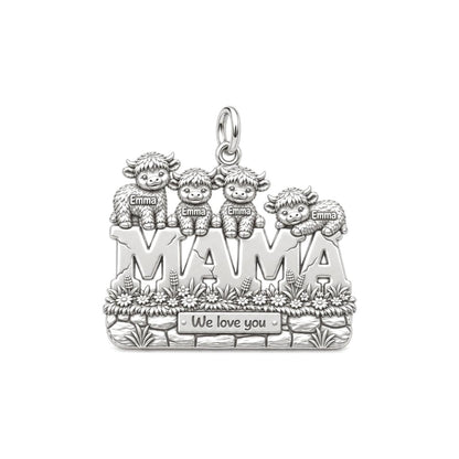 Highland Cow Mama Charm Bracelet – Personalized Mom Gift – silver charm, front view