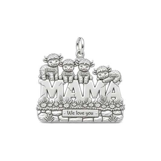 Highland Cow Mama Charm Bracelet – Personalized Mom Gift – silver charm, front view