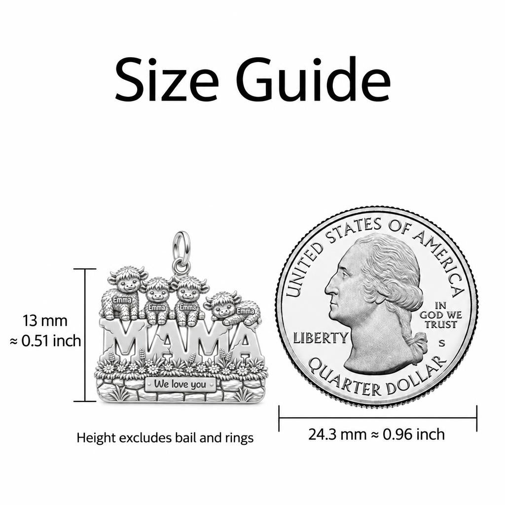 Highland Cow Mama Charm Bracelet – Personalized Mom Gift – size guide, 13 mm charm next to a quarter