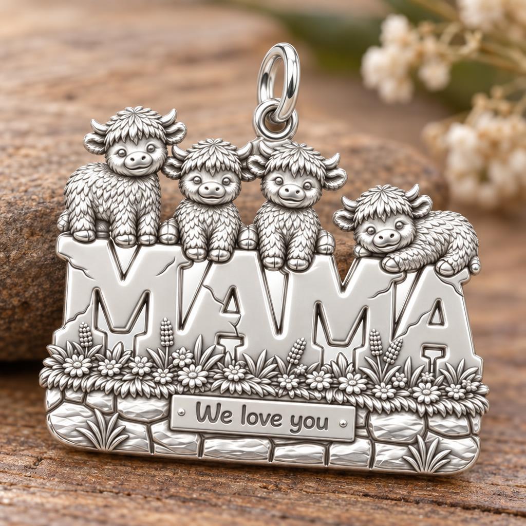 Highland Cow Mama Charm Bracelet – Personalized Mom Gift – macro detail of the charm