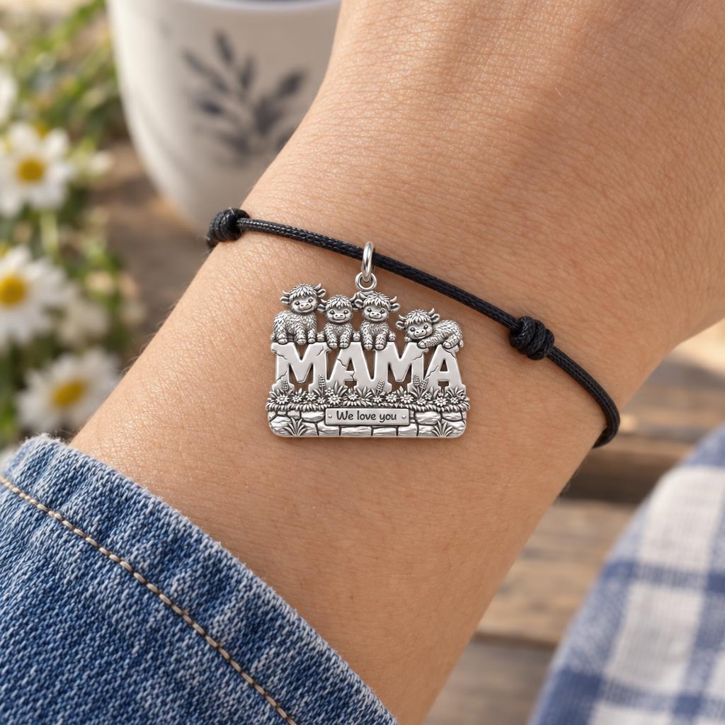 Highland Cow Mama Charm Bracelet – Personalized Mom Gift – worn on the wrist on a black cord bracelet