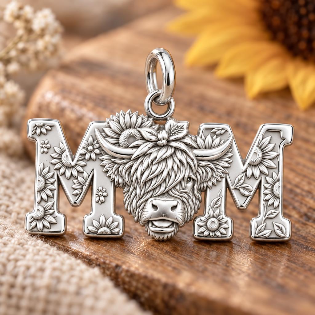 Highland Cow Sunflower Charm Bracelet – Personalized Mom Gift – macro detail of the charm