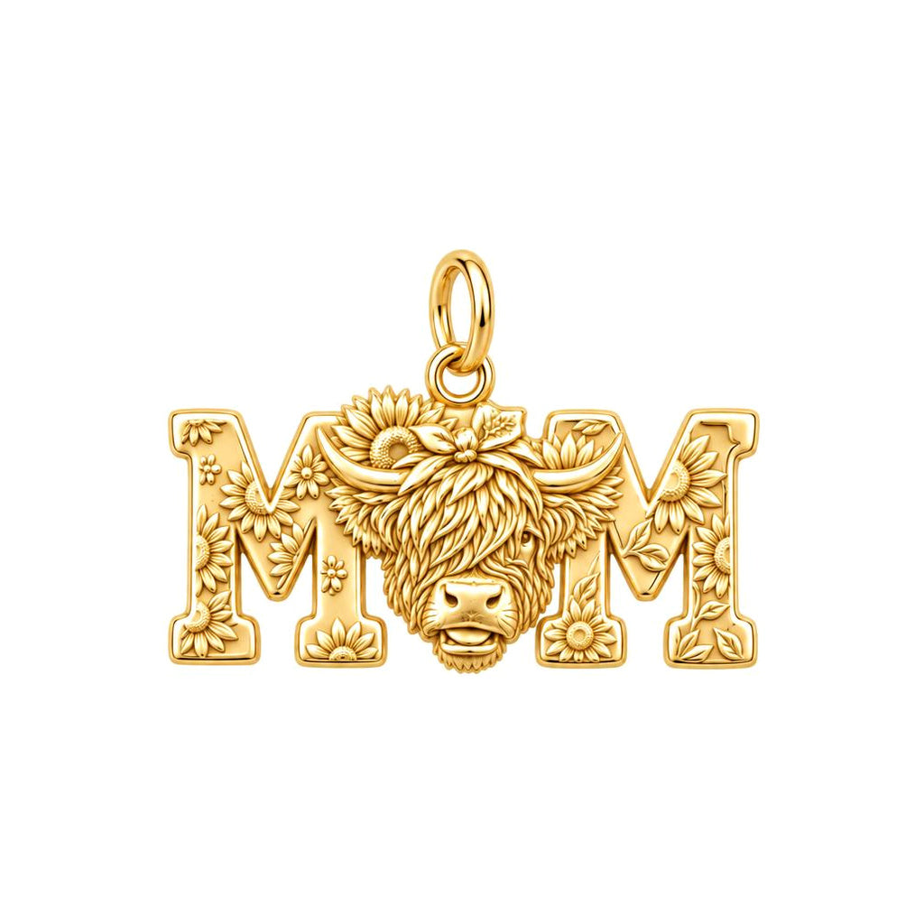Highland Cow Sunflower Charm Bracelet – Personalized Mom Gift – 18K gold charm, front view