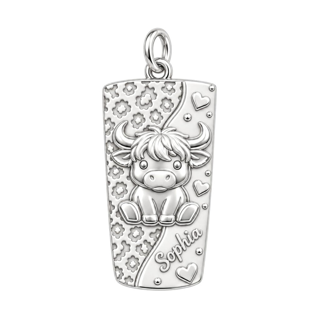 Highland Cow Wildflower Charm Bracelet – Personalized Mom Gift – silver charm, front view