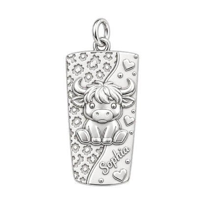 Highland Cow Wildflower Charm Bracelet – Personalized Mom Gift – silver charm, front view
