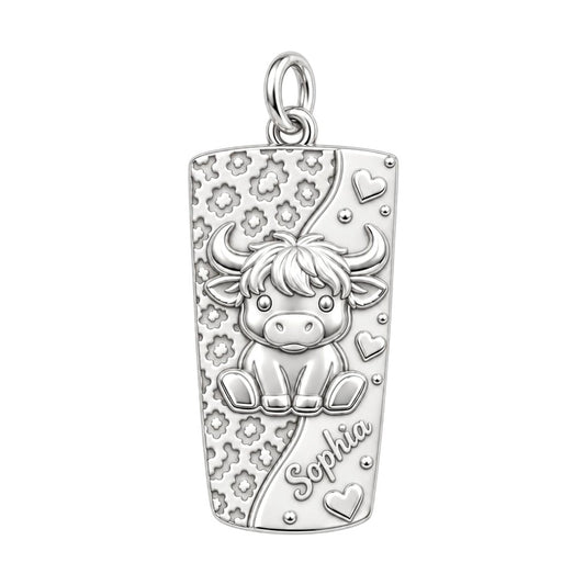 Highland Cow Wildflower Charm Bracelet – Personalized Mom Gift – silver charm, front view
