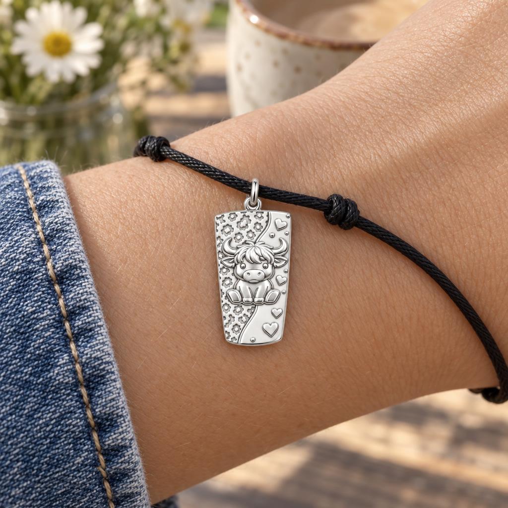 Highland Cow Wildflower Charm Bracelet – Personalized Mom Gift – worn on the wrist on a black cord bracelet