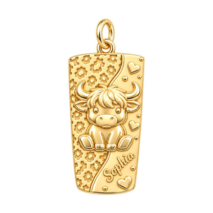 Highland Cow Wildflower Charm Bracelet – Personalized Mom Gift – 18K gold charm, front view