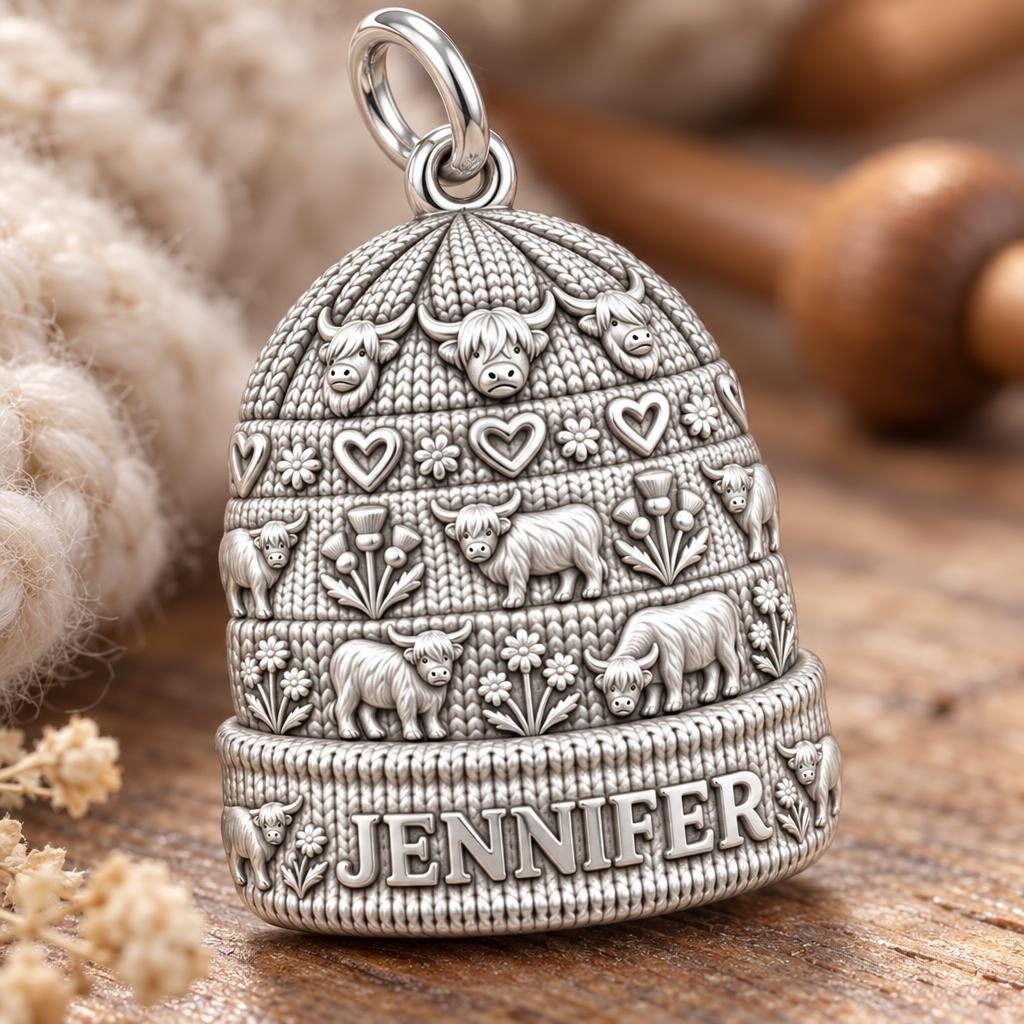 Highland Cow Winter Beanie Charm Bracelet – Personalized Mom Gift – macro detail of the charm